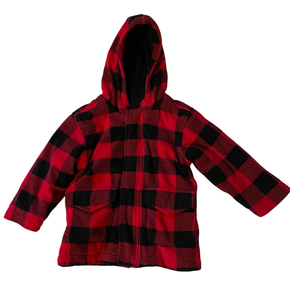 Old Navy Kids Buffalo Plaid Hooded Heavy Fleece Jacket, Black Red Size 2T